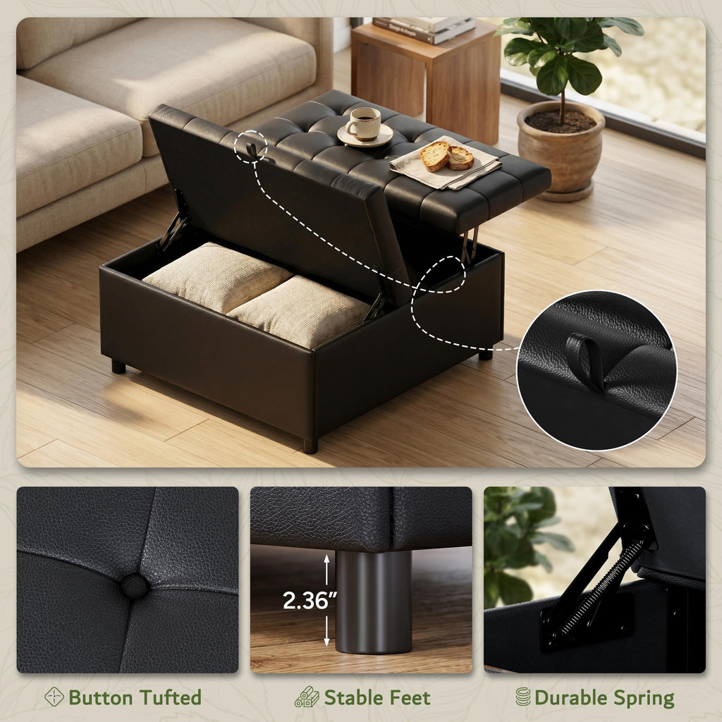 Black Leather 36 Inch Extra Large Lift Top Living Room Storage Ottoman