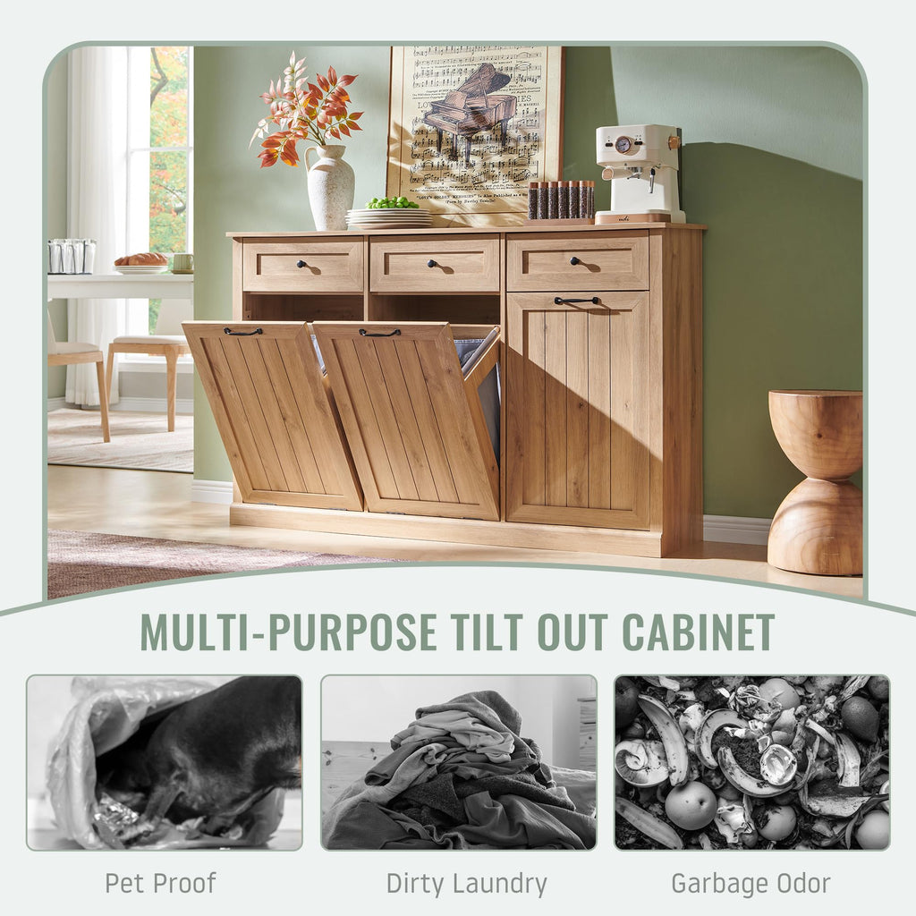 Triple Tilt Out Laundry Hamper Cabinet, Trash Cabinet, Natural