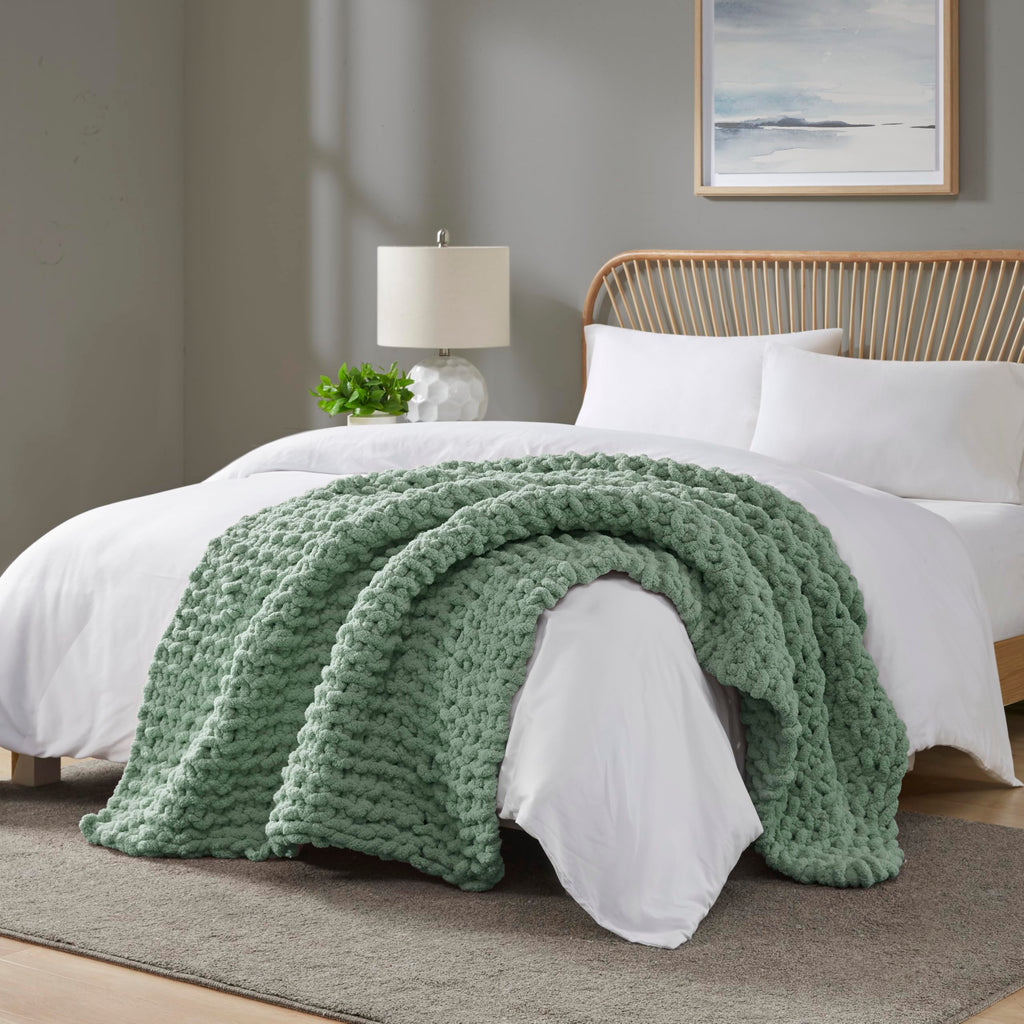 Chenille Chunky Knit Throw Blanket, 50 x 60", Sage Green