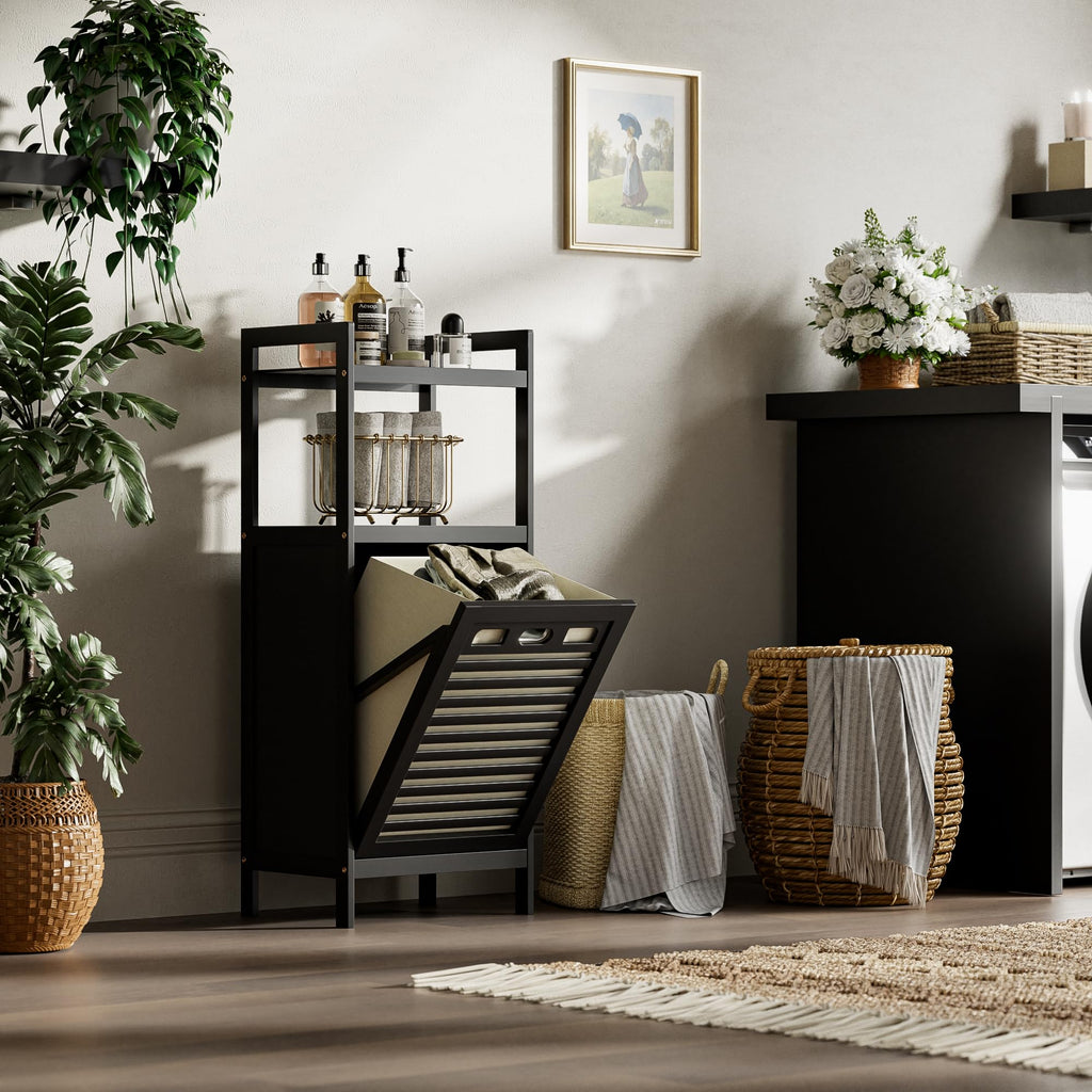 Tilt Out Laundry Hamper, Bamboo Bathroom Cabinet with Pull Out Removable Bag and 2 Tier Storage Shelves, 10 Gal