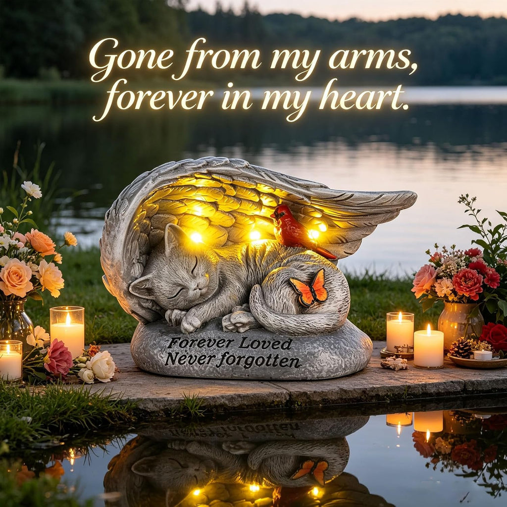 Cat Memorial Stones with Solar Angel Wing Cardinal Butterfly 8 Inch