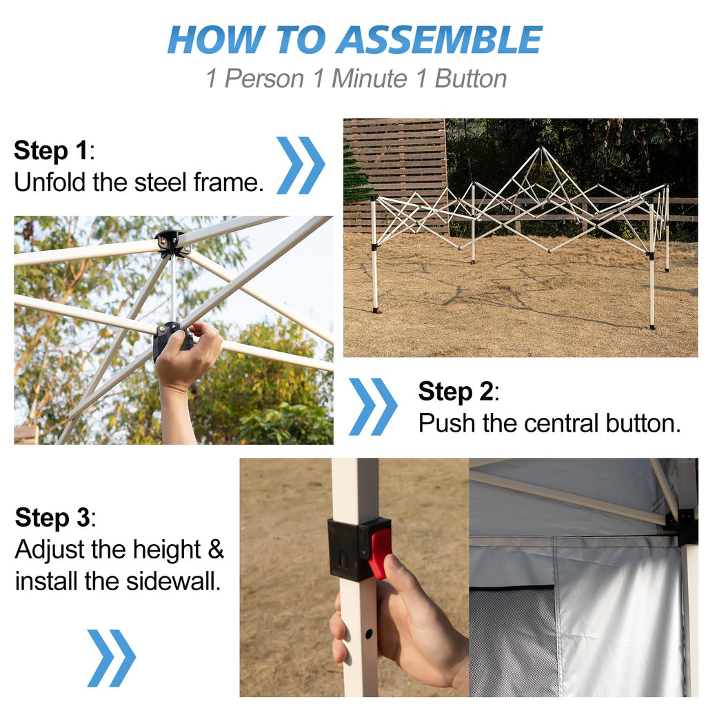 10x10 Pop Up Canopy Tent, 1-Button Push Setup Canopy Tent with 1 Sidewall, Adjustable Height Instant Portable