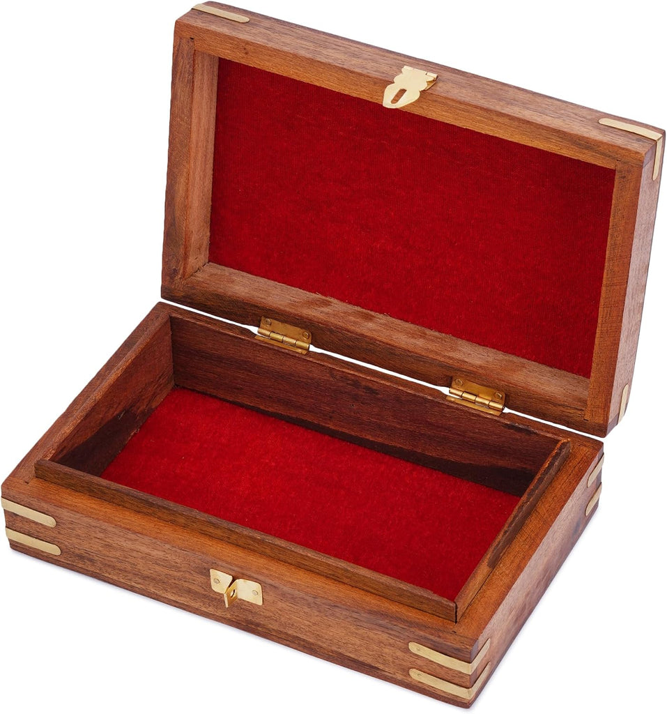 Wooden Jewellery Box Brass Inlay Hand Carved Keepsake Chest 8x5