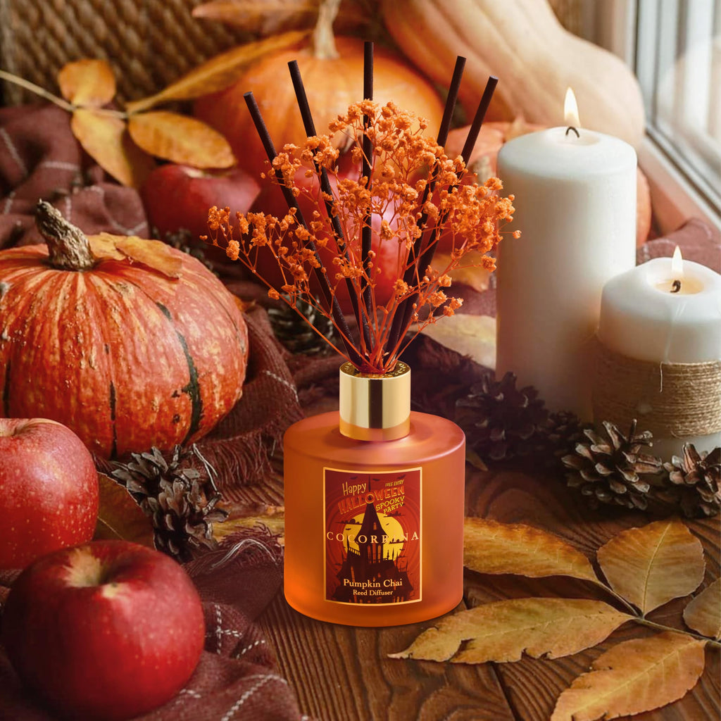 Reed Diffuser - Pumpkin Chai 6.7 fl oz Scented Diffuser with 8 Sticks Home Fragrance Bathroom Shelf Decor (Halloween