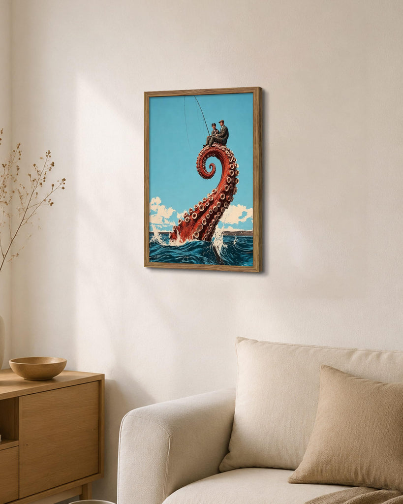 Framed Funny Octopus Canvas Wall Art Print Picture, Whimsical Sea Life Wall Decor Painting, Surreal Fisherman Sitting