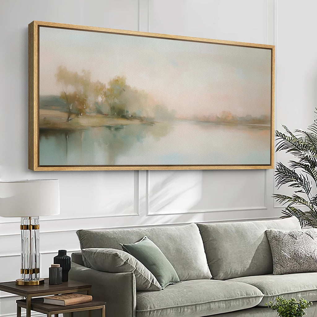 Extra Large Framed Canvas Print Wall Art Misty Lake Sunrise Soft Pastel Landscape Illustrations Modern Art Calm Warm