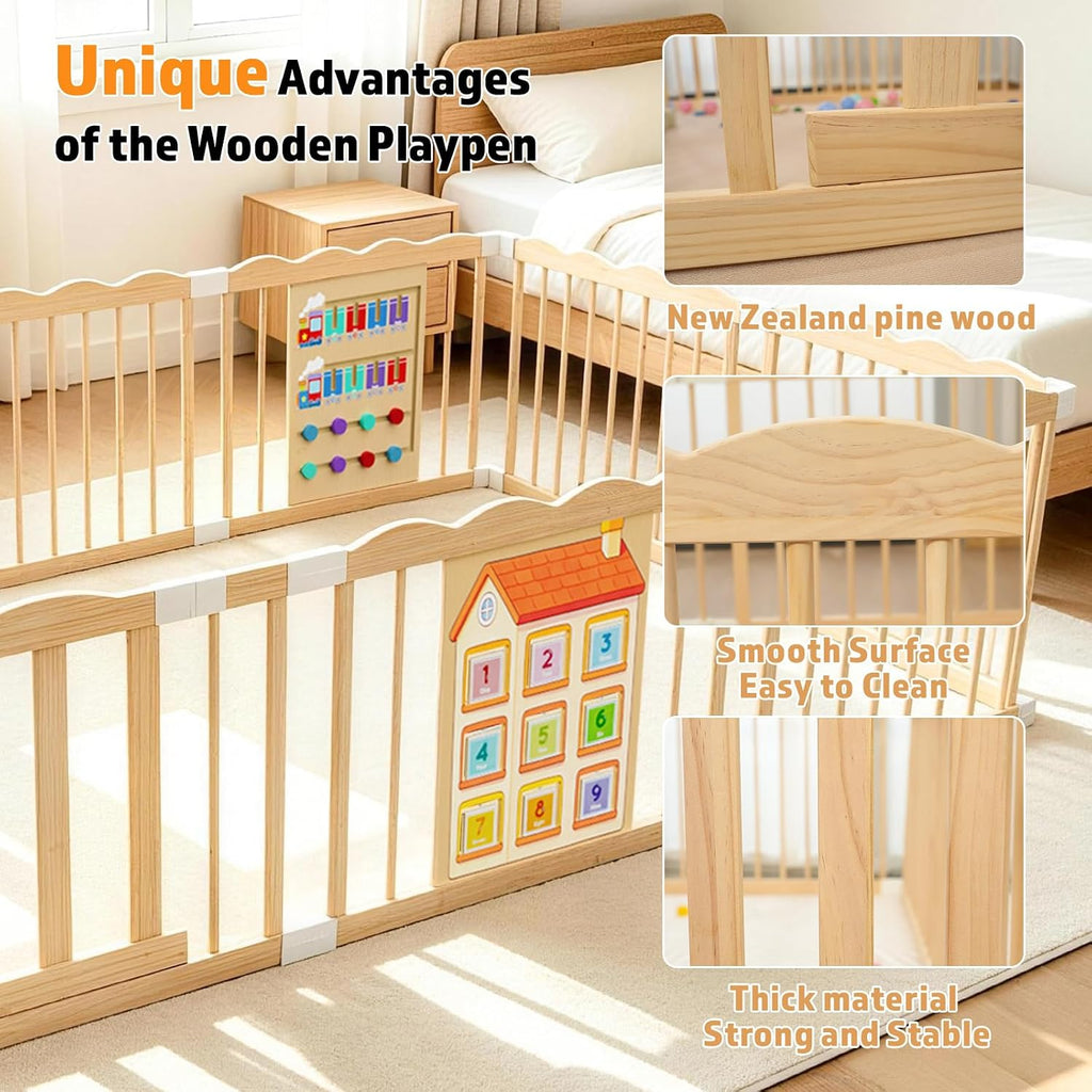 Wooden Baby Playpen with Built-in Activity Panel, 50x65x24In