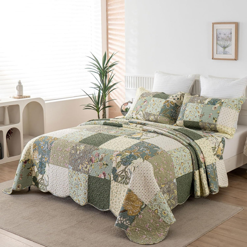 Oversized King Bedspreads Patchwork Quilt Set (120x118 Inch) | 100% Cotton Reversible Breathable Floral Quilted