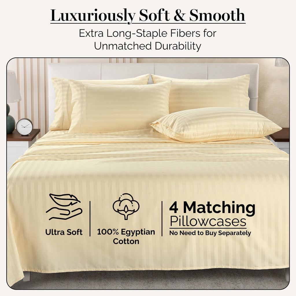 100% Egyptian Cotton Sheets Full Size Set - 6 Pieces - Damask Stripe- Ultra Smooth Sateen Weave Bed Sheets Set with