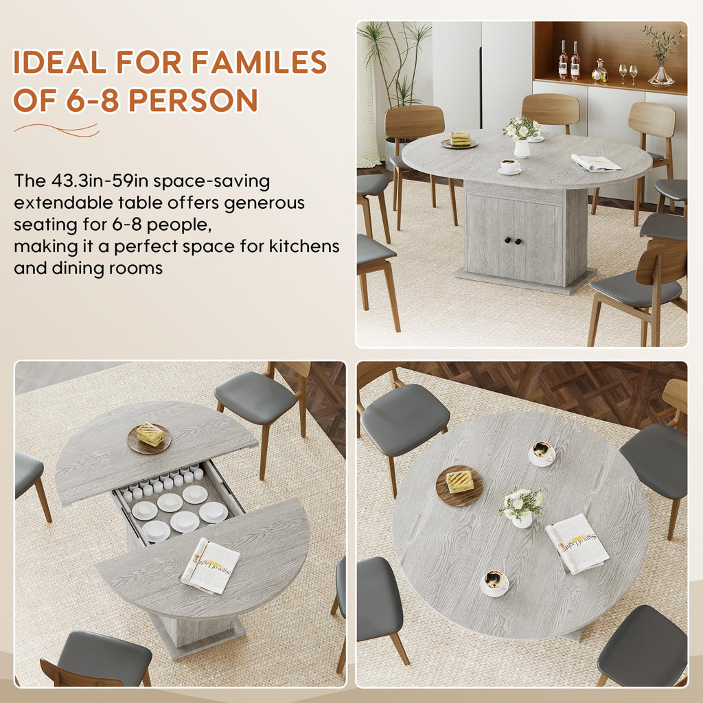 43.3in-59in Extendable Round Dining Table for 4-8, Modern Expandable Kitchen Oval Dining Table, Space Saving Circle