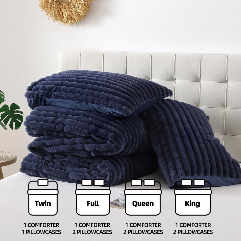 Fluffy Comforter 3 PCS - Navy Blue Fleece Bedding Set