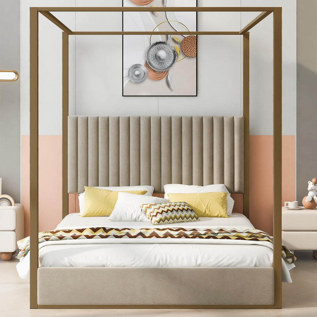 Modern 4-Poster Canopy Platform Bed Queen Size with Channel Upholstery Tufted Headboard, Gold Metal Canopied Design