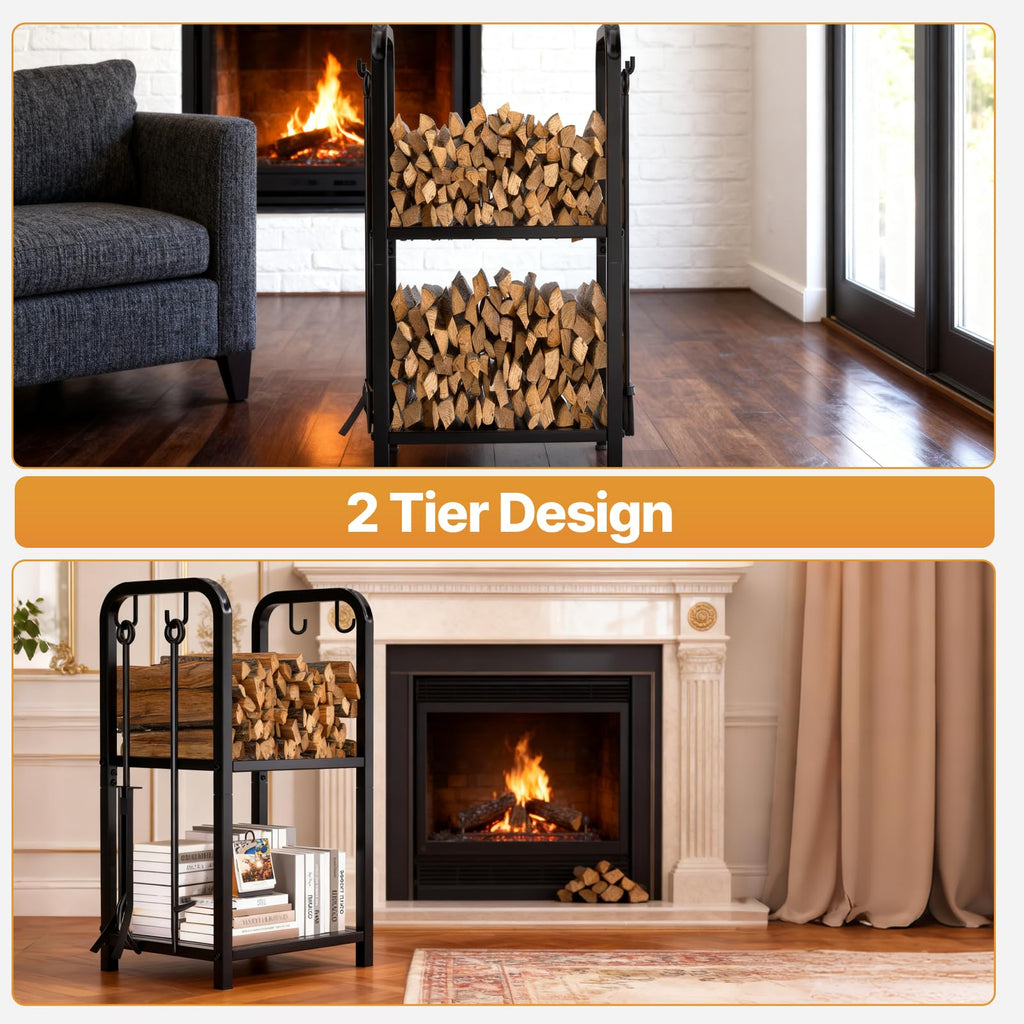 Firewood Rack Indoor with Tools, 2-Tier Firewood Holder Storage