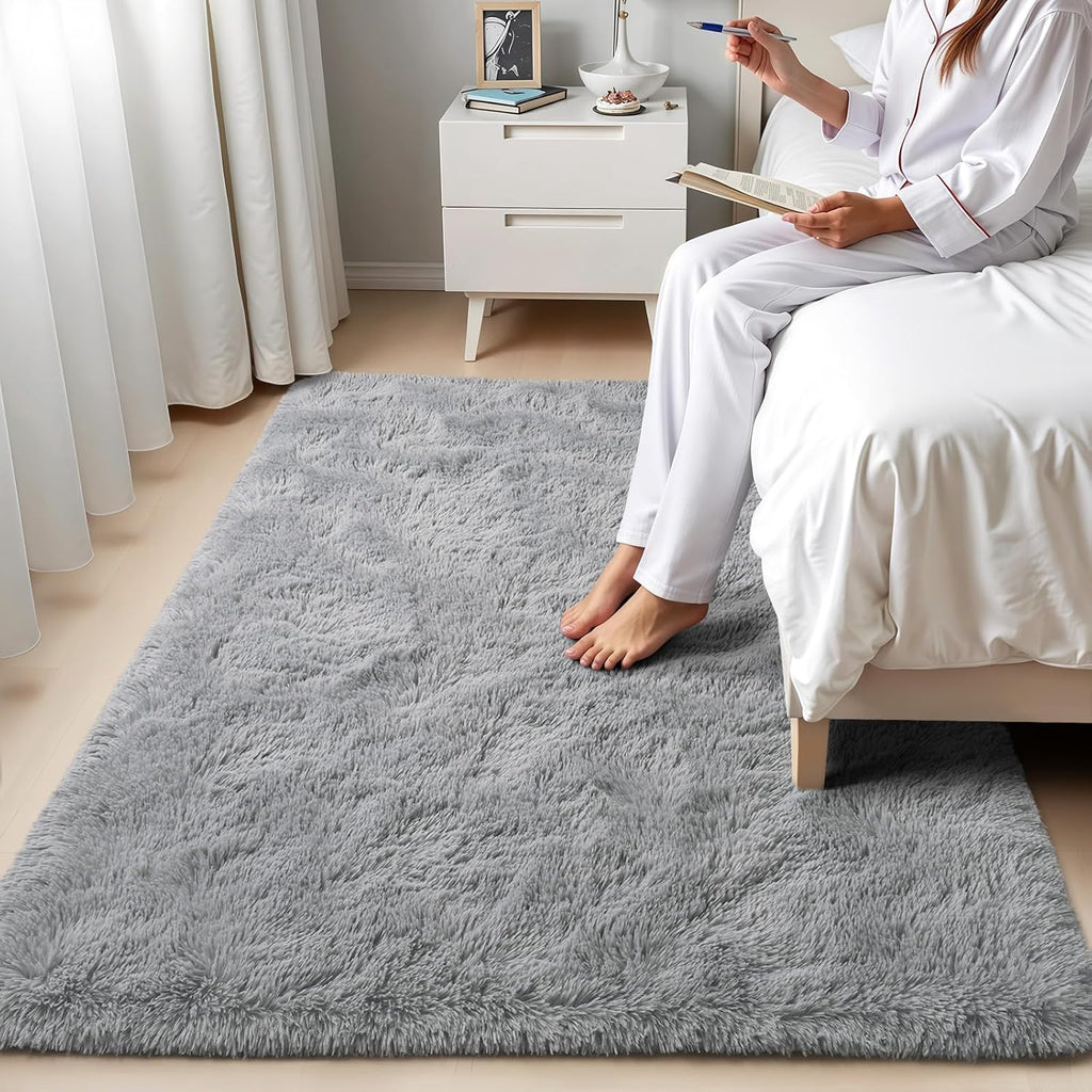 Area Rugs for Living Room Grey Rugs for Bedroom 4x6 Carpet Fluffy Furry Soft Shag Aesthetic Plush High Pile Gray