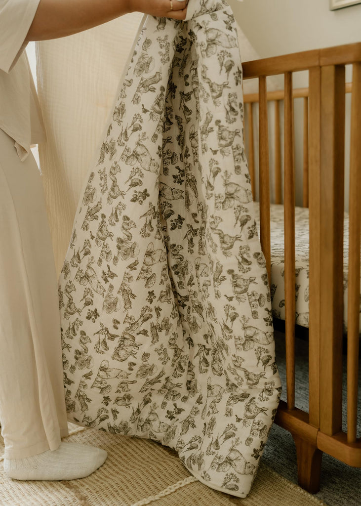 Woodland Crib Bedding Set, 5-Layer Organic Cotton Muslin Crib Quilt & Sham, Forest Animal Nursery, Rabbit Fox Bird