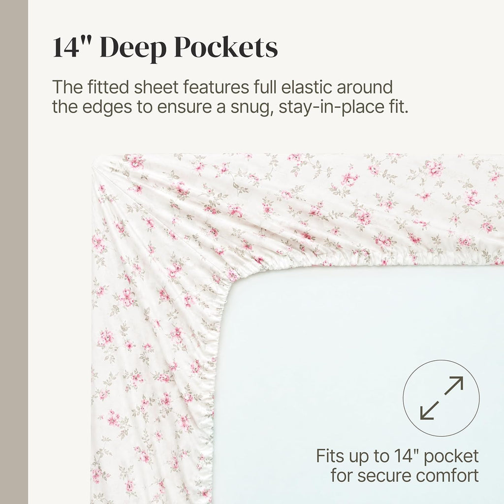 4-Piece Ultra Soft Microfiber Bed Sheets Set, Wrinkle Free Sheets with Deep Pockets Fitted Sheet, Flat Sheet & Pillowcases, Lightweight Breathable Bedding, Floral Rose, Queen