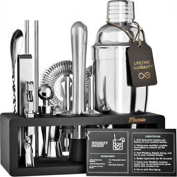 Mixology Bartender Kit with Stand - Bar Tool Set, Silver Bar Set Cocktail Shaker Set for Drink Mixing - Set of 15