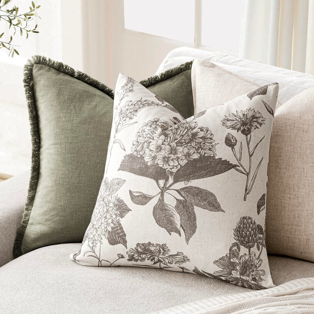 Decorative Linen Floral Throw Pillow Cover 18×18 Inch, Light Gray