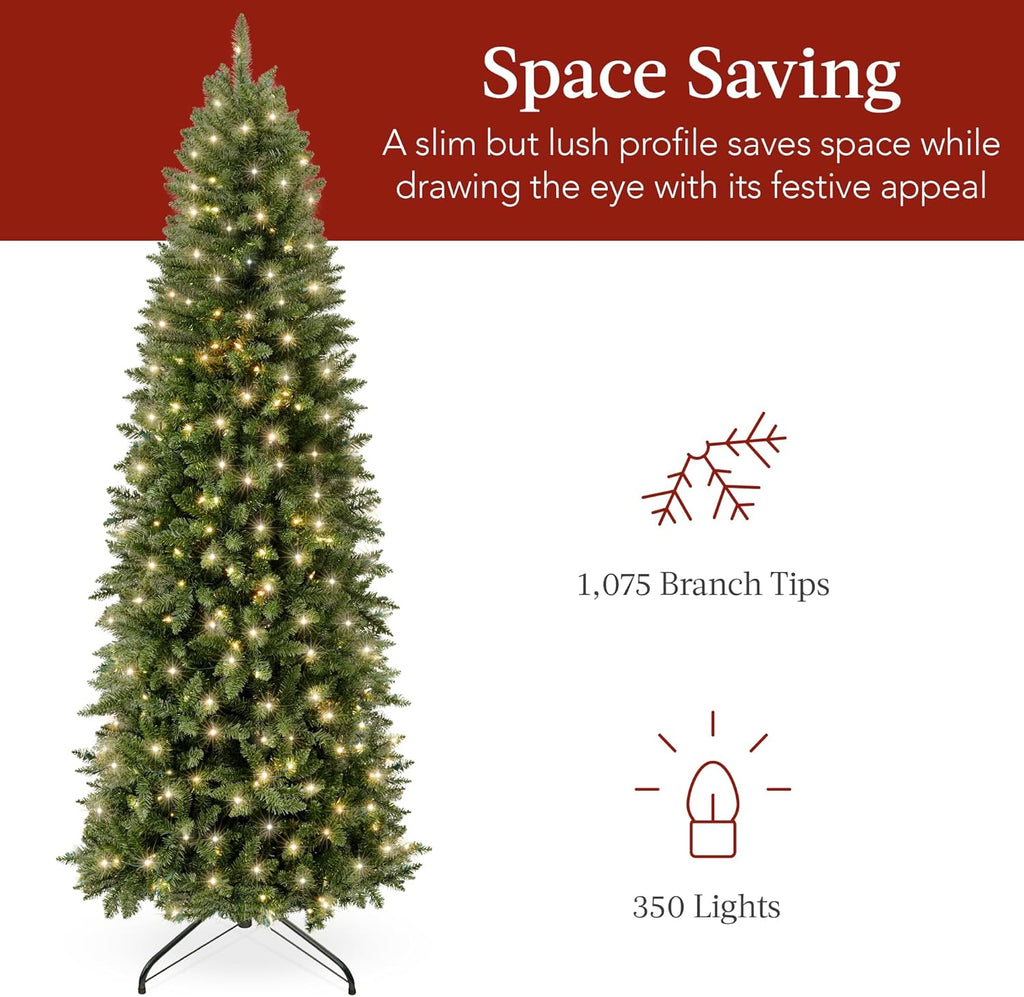 7.5ft Artificial Pencil Christmas Tree with LED Twinkling Lights, Pre-Lit Spruce Realistic Holiday Xmas Décor, 350