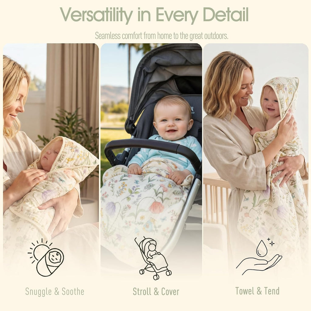 Muslin Baby Beach Bath Towel Hooded Organic Cotton Blend (Garden)
