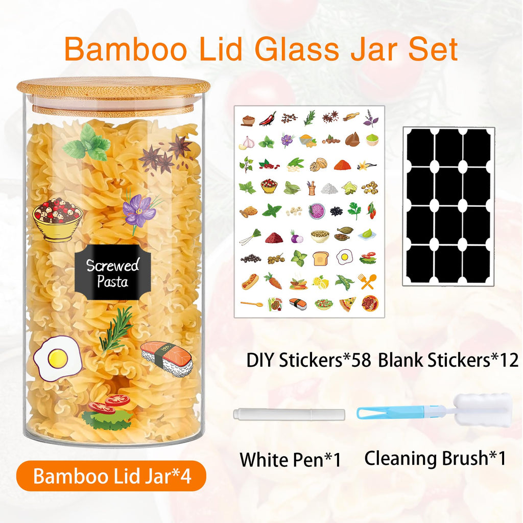 Glass Storage Jars 45 oz 4 Pcs Clear Glass Food Storage Containers with Airtight Bamboo Lid Stackable Kitchen
