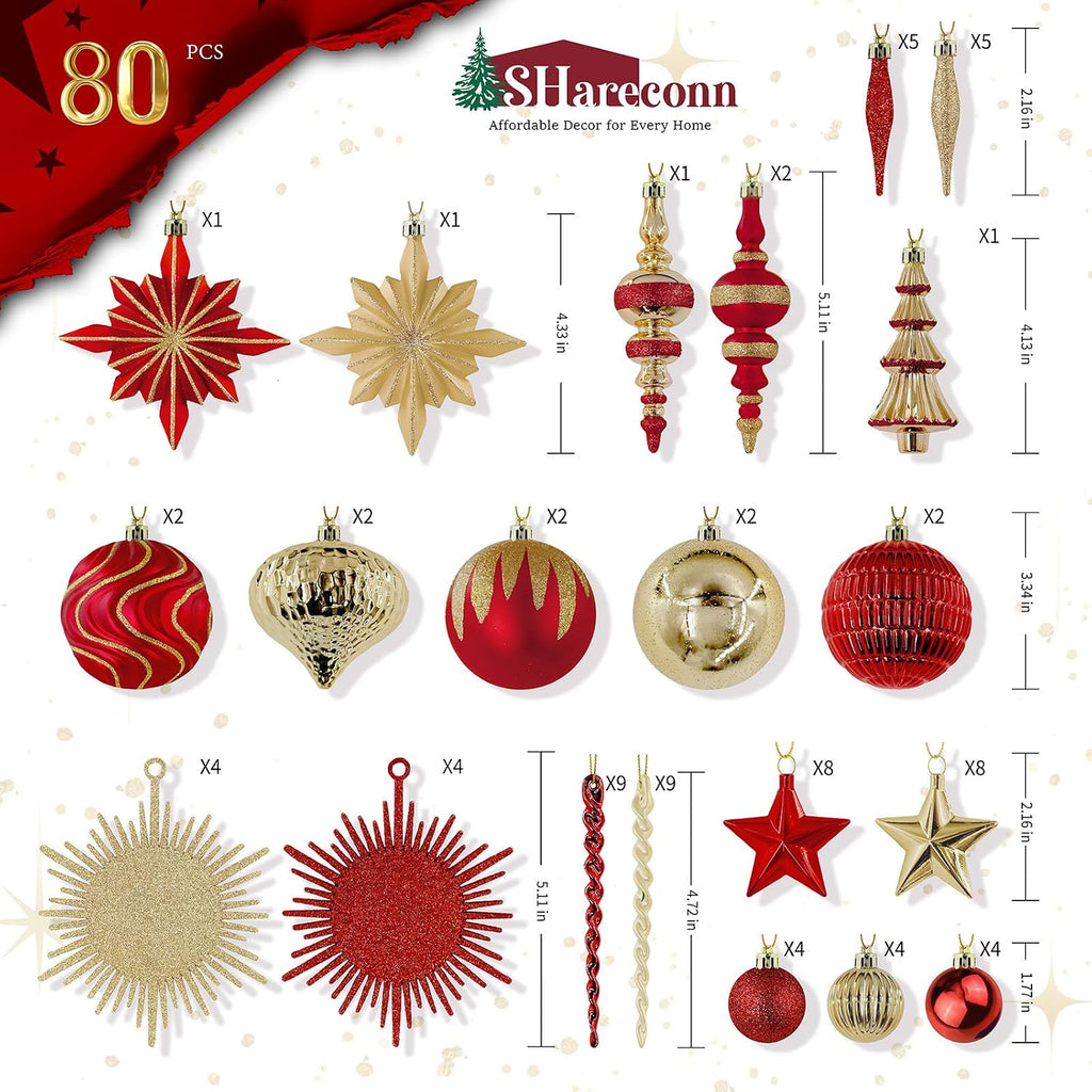 Assorted Christmas Tree Ornaments Set for Holiday Home - Set of 80
