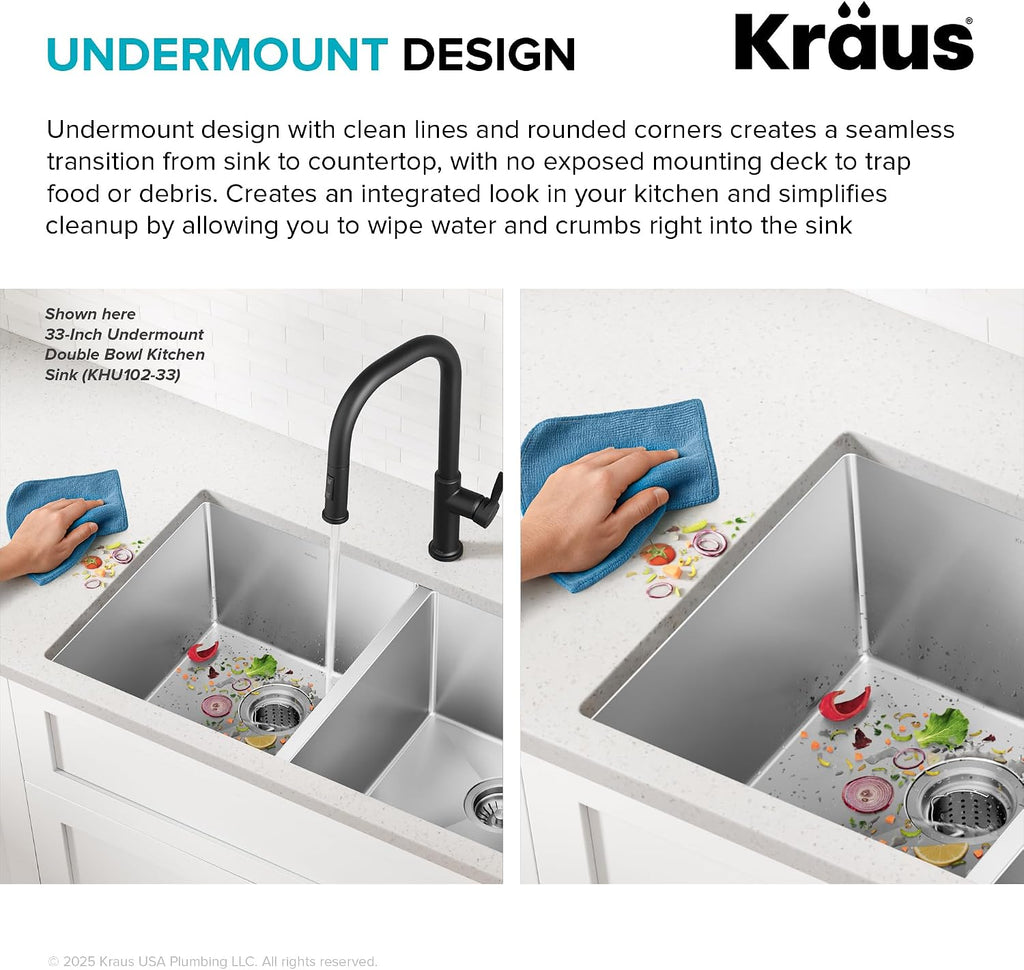 Kitchen Sinks Undermount - 32 Inch Stainless Steel Kitchen Sink, 60/40 Double Bowl, 16 Gauge, Model KHU103-32