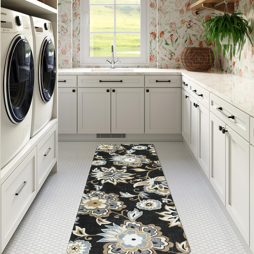 Floral Washable Rug Runner - Black Entryway Kitchen Runner Rug Non-Slip Ultra-Thin Stain Resistant, Paisley Print