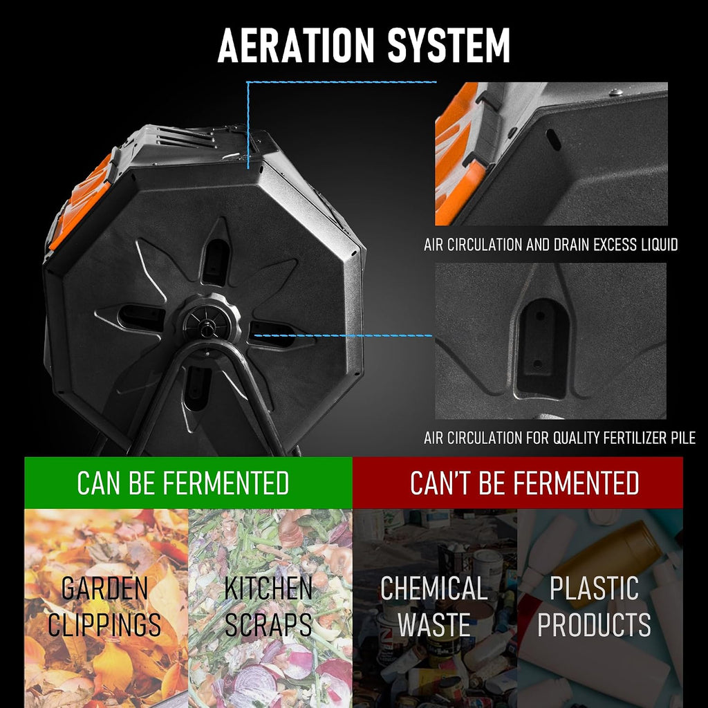 Compost Bin Outdoor, 43 Gallon Dual Chamber Tumbling Composting Bin with Sliding Doors, Tumbler Rotating Batch