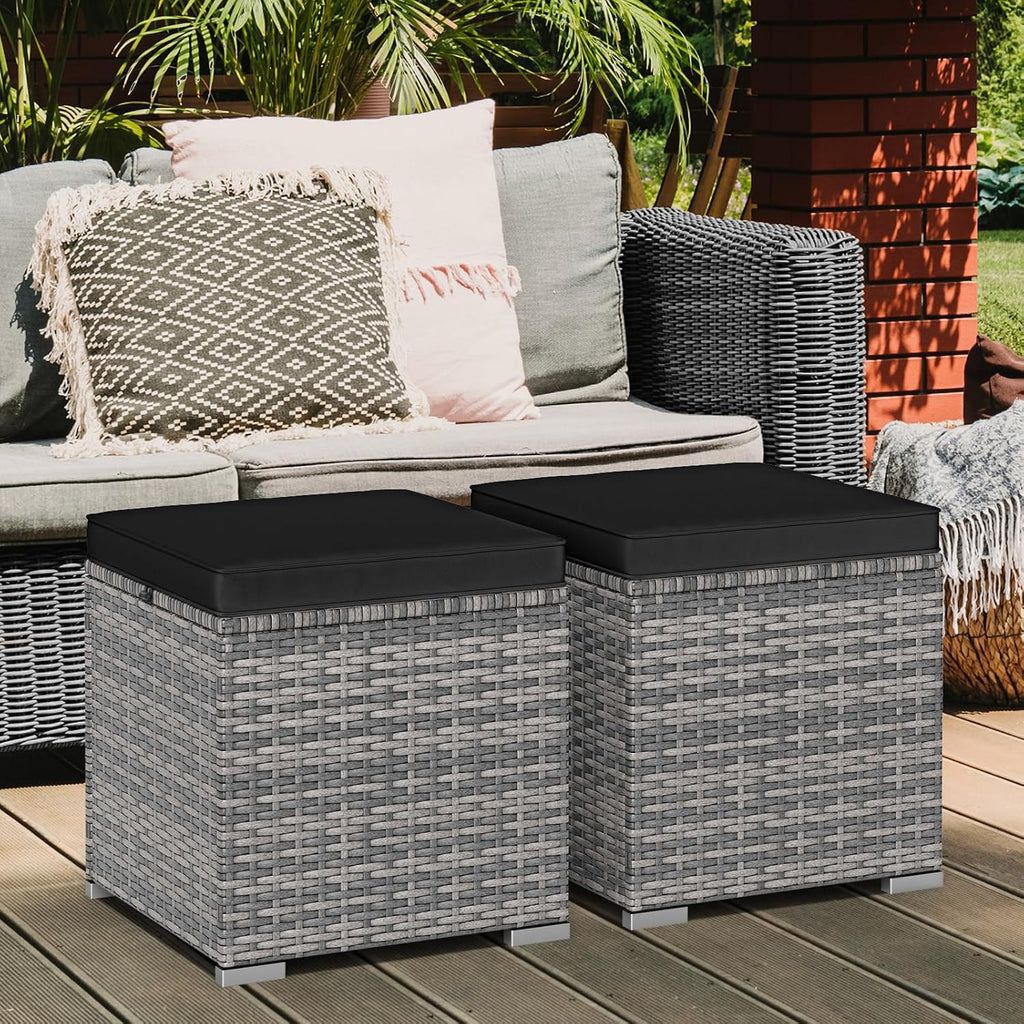 16" Outdoor Ottoman with Storage, Set of 2 Wicker Ottoman, Rattan Cube Footstool w/Removable Cushion Covers, Square