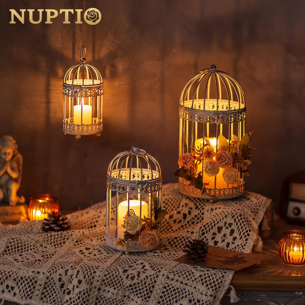 Decorative Candle Lanterns White, Distressed White Metal Bird Cage