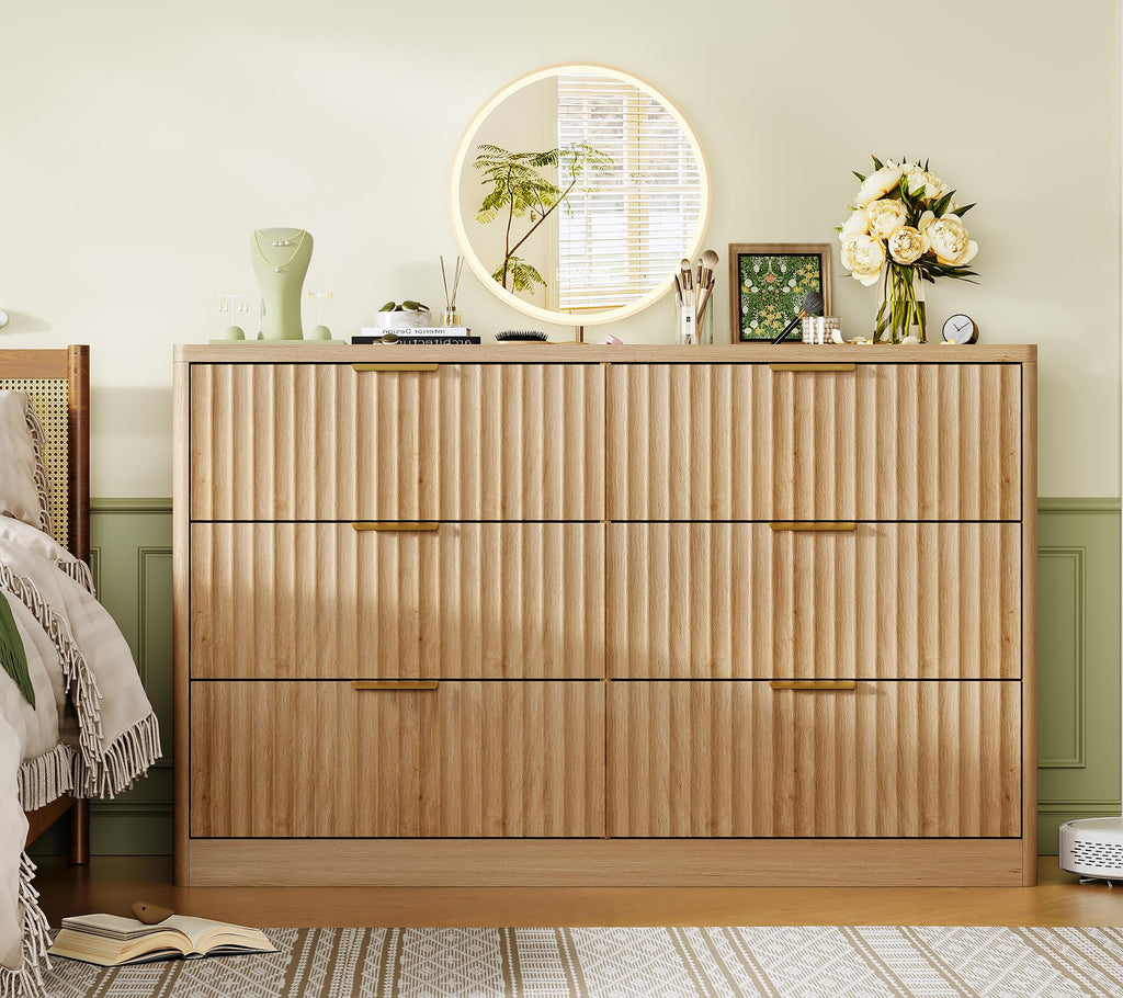 Fluted 6 Drawer Dresser, Wide Modern Chest of Drawers with Metal Handle, Curved Profile Design, Wood Closet Clothes