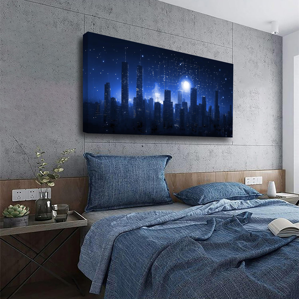 Night Stars City Wall Bedroom Wall Decor Living Room, Night Tall Buildings Canvas Wall Office Farmhouse Paintings
