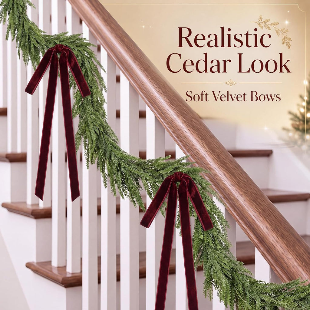 15ft Christmas Garland for Stair with 4 Velvet Bows, Norfolk Pine