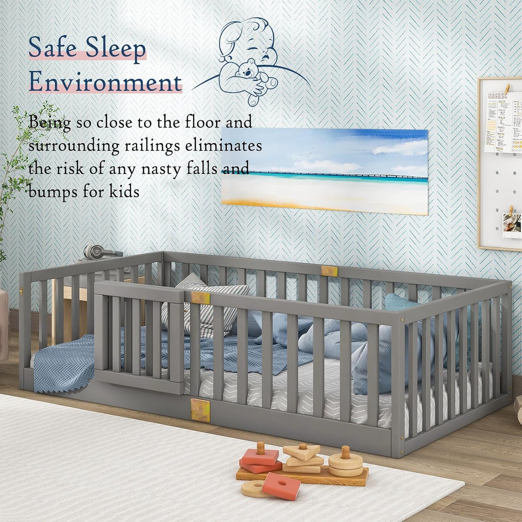 Twin Montessori Floor Bed with High Rails, Solid Wood Montessori Bed Frame for Kids, Door Can Install Left and Right