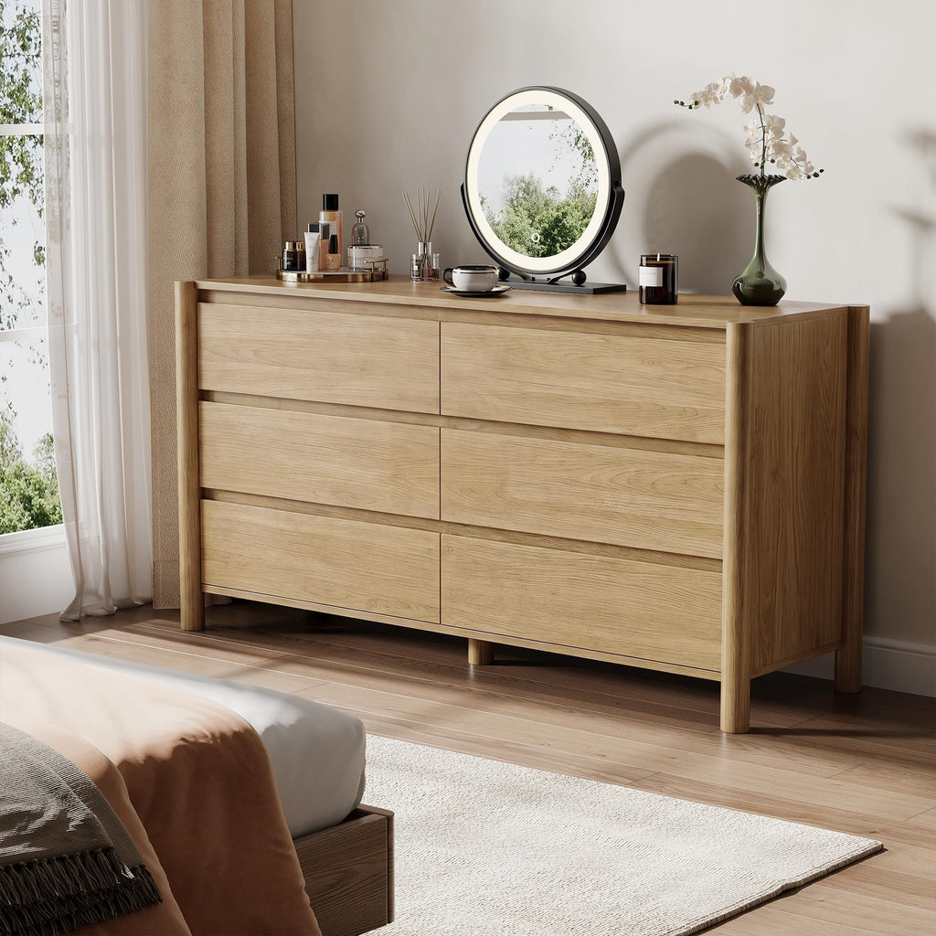 Oak Dresser, 47" Wide 6 Drawer Mid Century Modern Chest