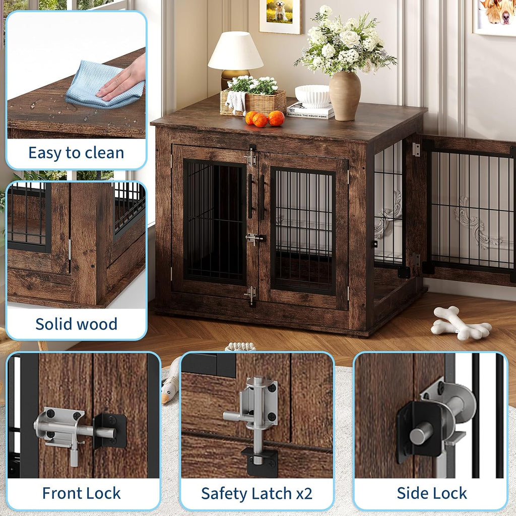 Farmhouse Dog Crate Furniture End Table - Heavy Duty Wooden Kennel Cabinet with Double Doors for Small/Medium Dogs