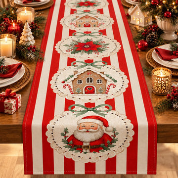 Christmas Table Runner, Santa Gingerbread, 13 x 108 Inch Christmas Decor