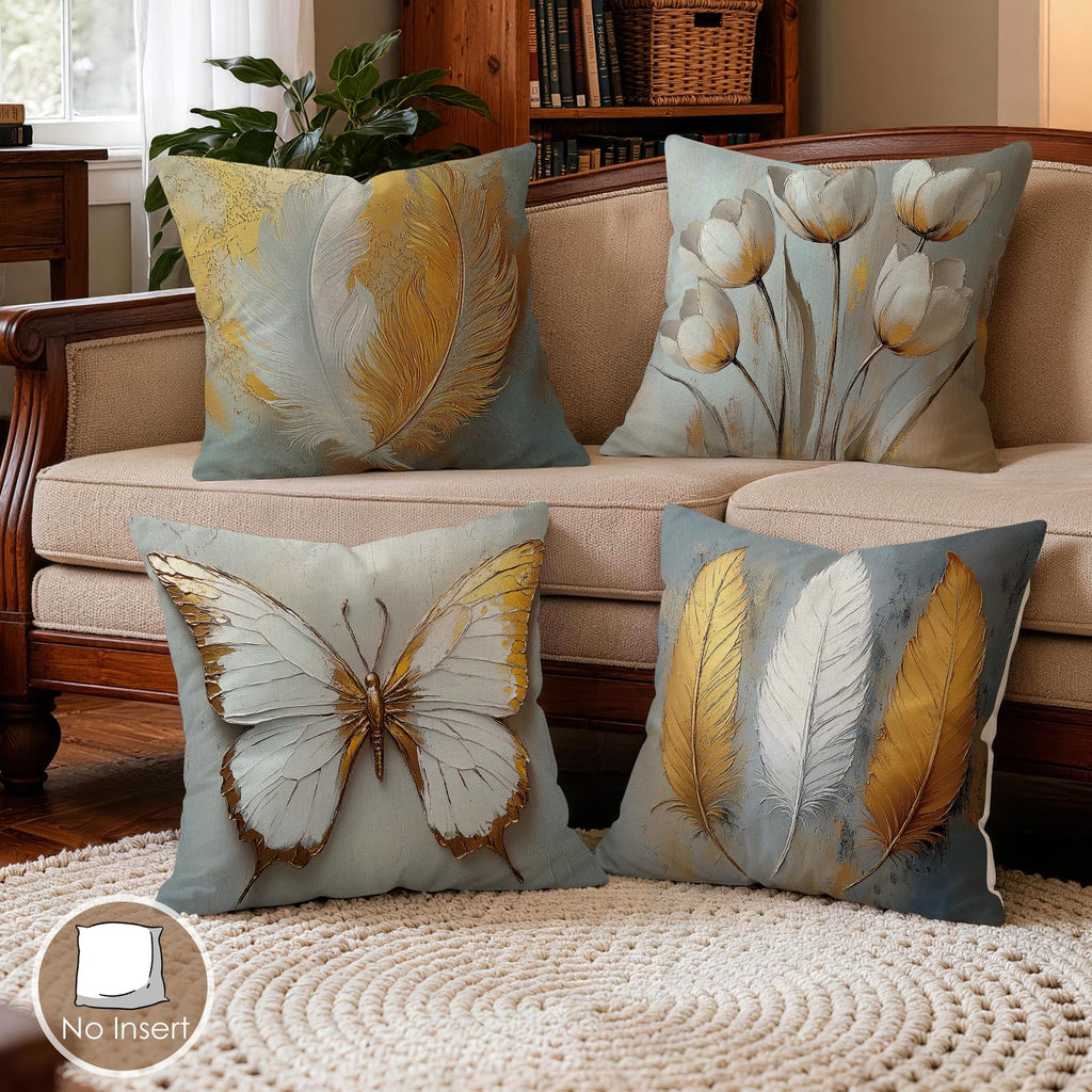 Boho Feather Butterfly Throw Pillow Covers 18 x 18 Inch Set of 4