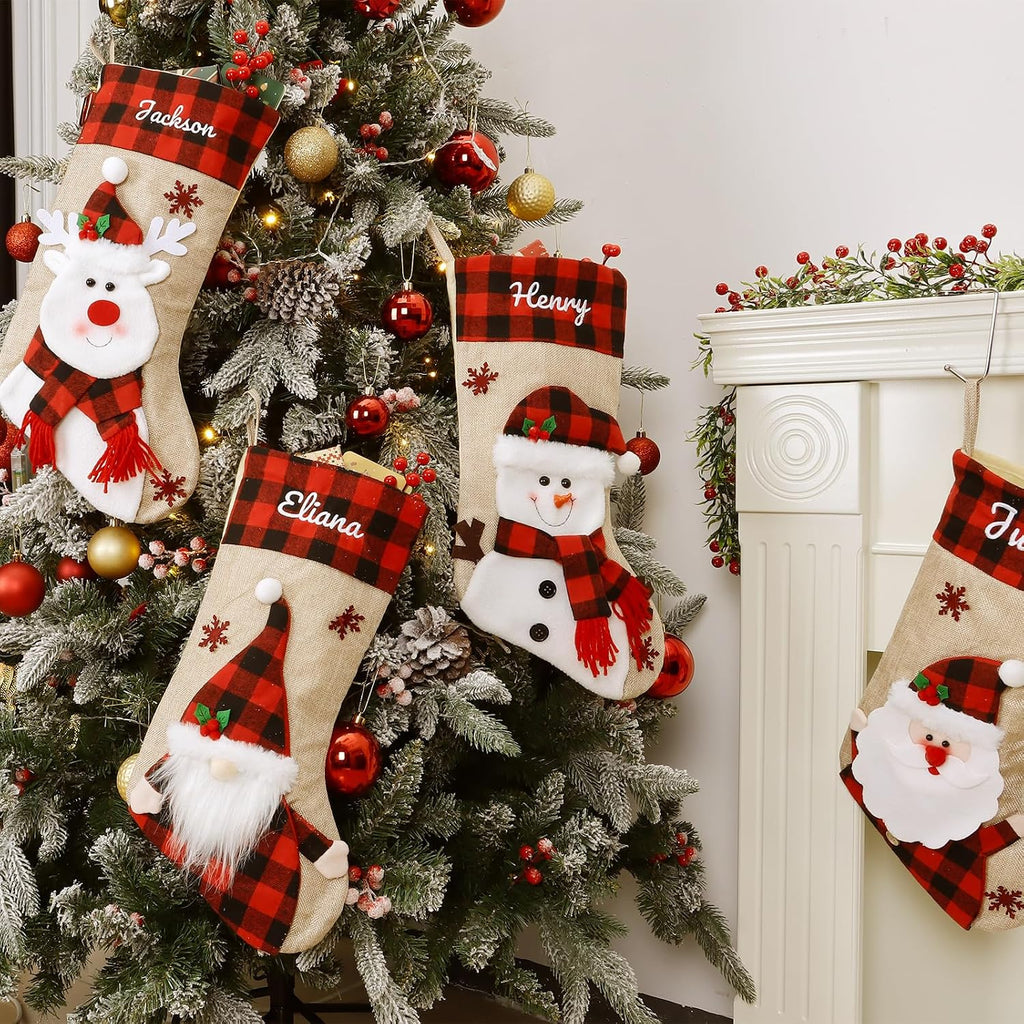 18.5'' Embroidery Christmas Stockings with Names, Burlap Plaid Stockings Xmas Decor Gifts for Family Kids Holiday