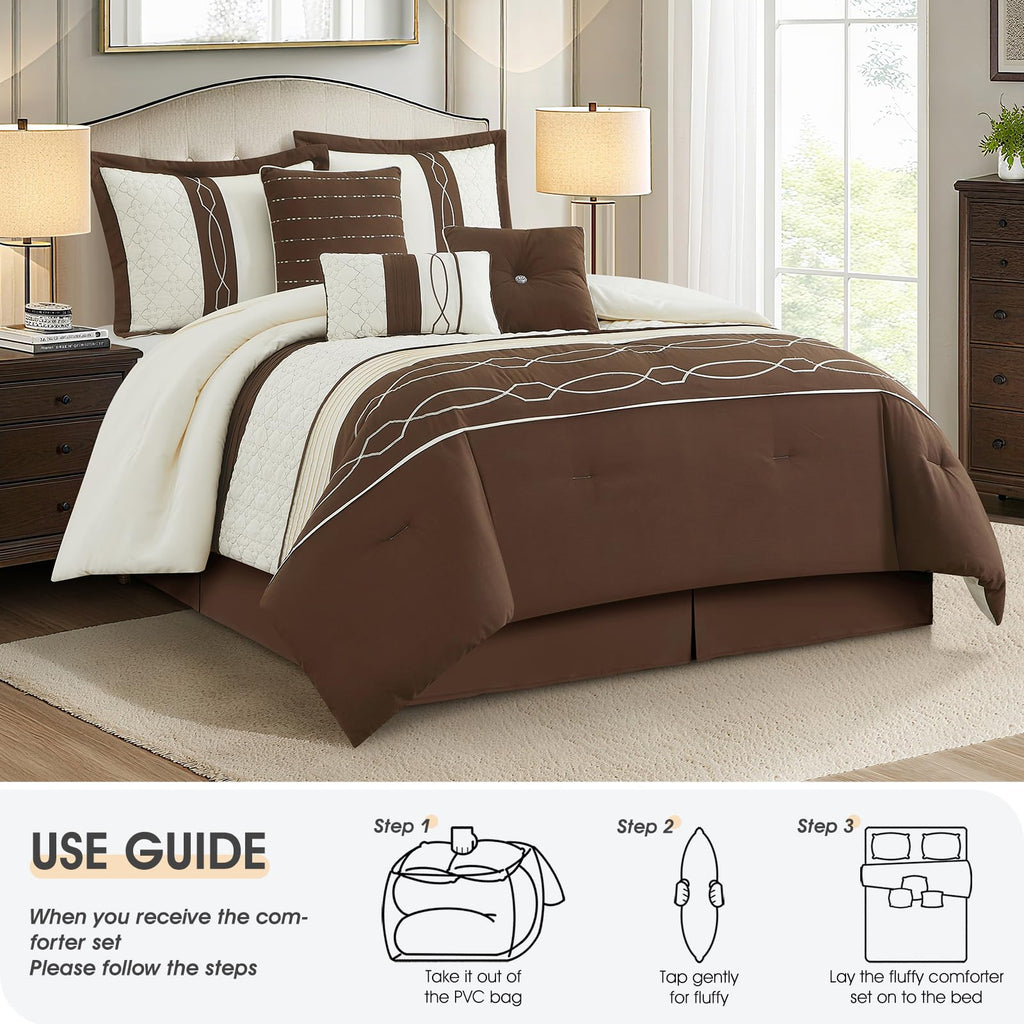 7 Piece Comforter Set, Brown Geometric Clip Design, 100% Polyester, Luxury All Seasons Bed Set Includes