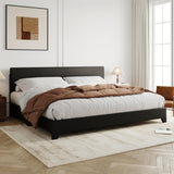 King Bed Frame with Adjustable Headboard, Faux Leather Platform Bed with Wood Slats, Heavy Duty Mattress Foundation