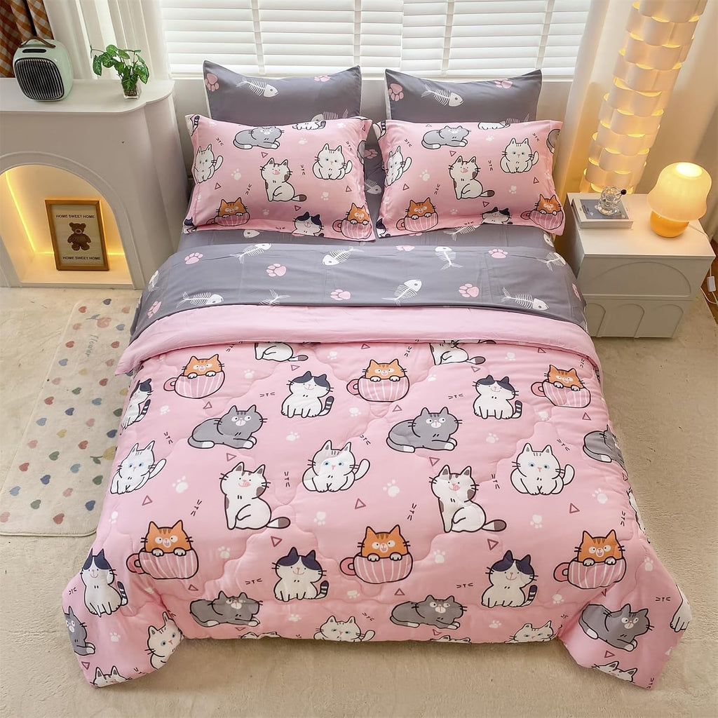 7 Piece Girls Cats Bedding Comforter Set Twin for Kids Bed in A Bag Pink Cute Cartoon Pet Cat Bedding Set for Boys