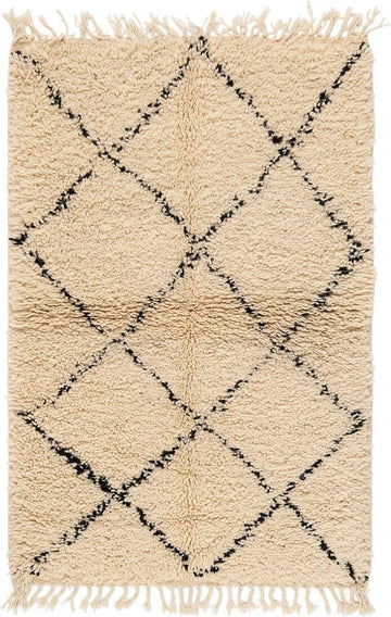 Handmade Moroccan Berber Area Rug 6' x 9', 100% Wool High Pile Shag, Ivory/Cream with Charcoal Fine Diamond Pattern