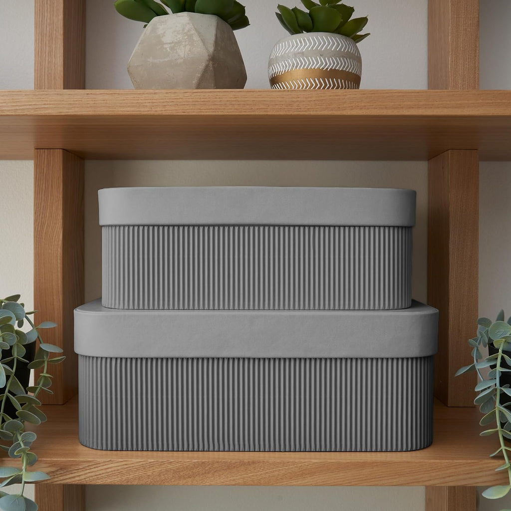 Decorative Storage Boxes with Lids Fluted Photo Organizer Bins - Set of 2