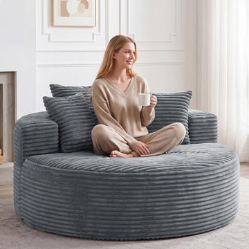 55-Inch Oversized Round Lounge Chair, Corduroy Upholstered Chaise, Grey