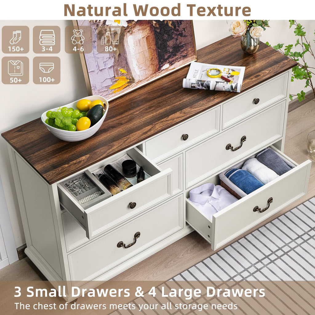 Farmhouse 54" 7 Drawers Dresser, White Wood Chest of Drawers w/ 4 Wooden Legs, Vintage Closet Storage Dressers