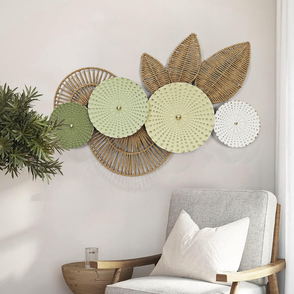 Boho Woven Wall Decor- Rattan Leaf & Circular 3D Wall Art Decor, 35"x 26" Large Hanging Decoration in Sage & Beige