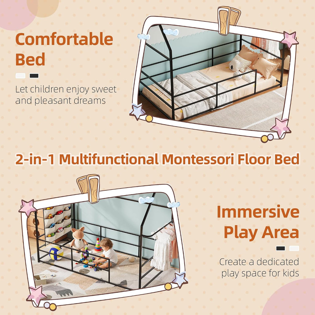 Metal Montessori Floor Bed with Guardrails & Clothing Rack, No Box Spring Needed, Black