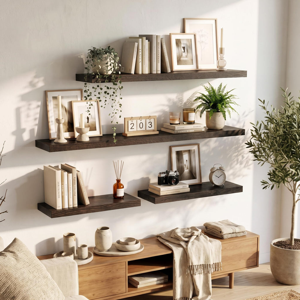Elm Floating Shelves for Wall - 20 in Rustic Solid Wood Shelves with Heavy-Duty Invisible Bracket, Wall-Mounted